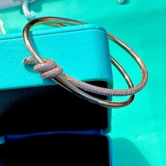 Tiffany knot double row diamond bangle bracelet in a large